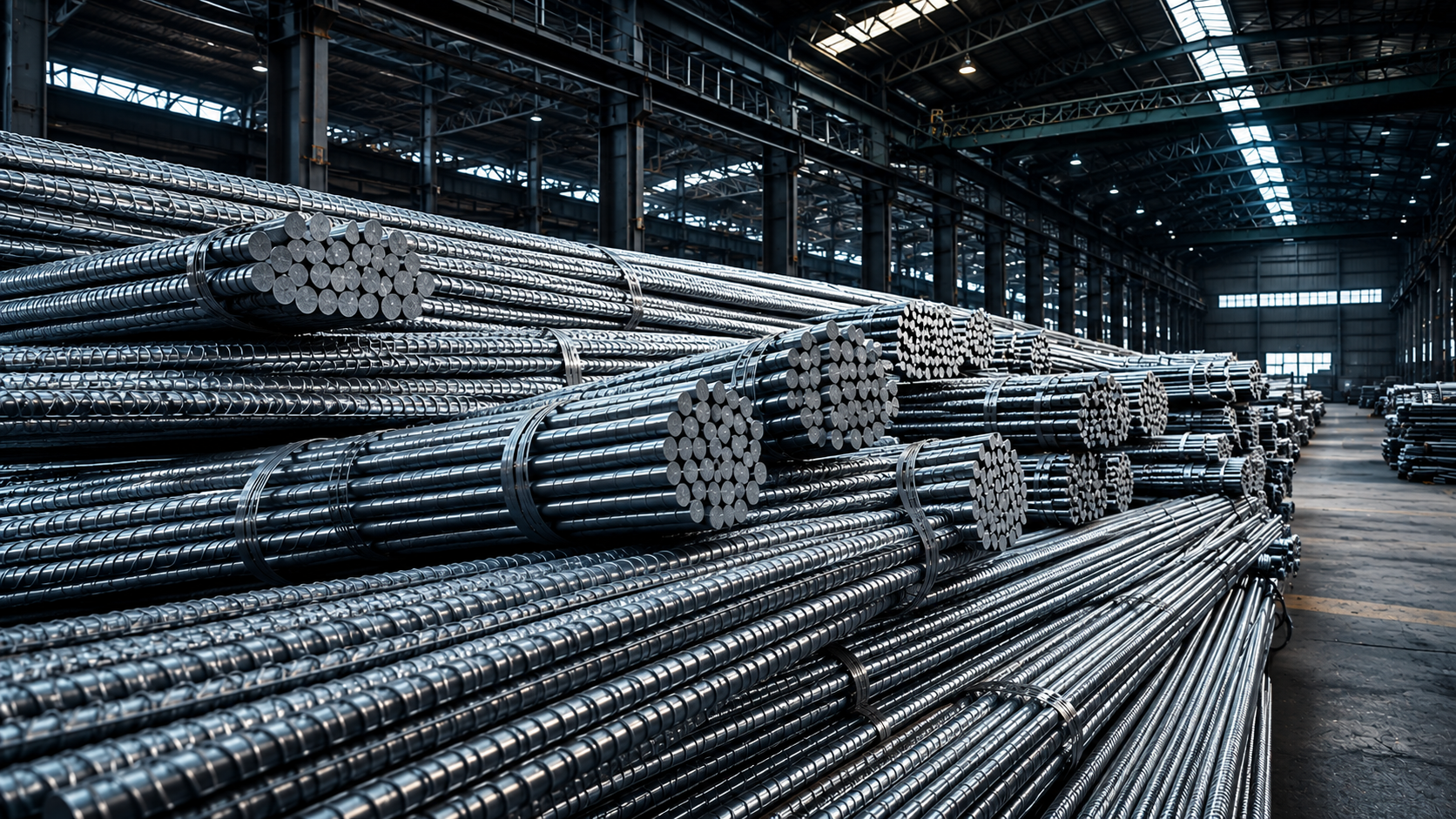 Bundles of high-quality ribbed TMT reinforcement bars at Srinivasa Steel Corporation yard in Vijayawada